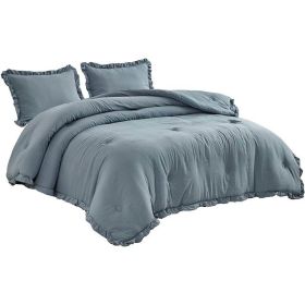 Microfiber 3-Piece Comforter Set with Ruffled Edge Trim (Color: Blue, size: Full)