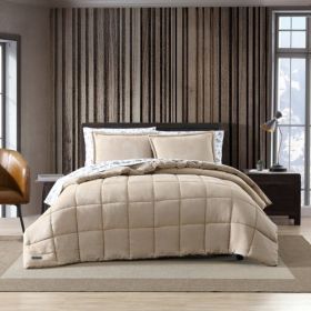 Plush Sherpa Reversible Micro Suede Comforter Set (Color: beige, size: KING)
