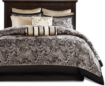 12 Piece Cotton Polyester Comforter Set (Color: Black/Gold Paisley, size: KING)