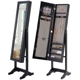 2-in-1 Freestanding Mirror / Jewelry Organizer Armoire Cabinet (Color: Black)