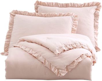 Microfiber 3-Piece Comforter Set with Ruffled Edge Trim (Color: Pink, size: Full)