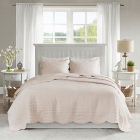 3 Piece Reversible Scalloped Edges Microfiber Quilt Set (Color: Blush, size: KING)