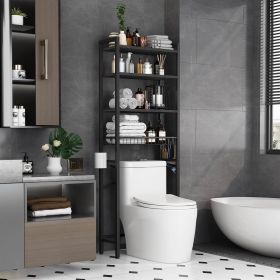 Over the Toilet Storage Freestanding Industrial Metal Wood Shelving Unit (Color: Black)