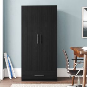 Modern Armoire Wardrobe Closet Cabinet with Storage Drawer (Color: Black)