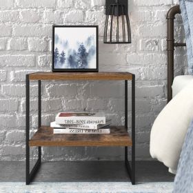 Industrial Modern Metal Wood Top Nightstand End Table with Shelf (Color: Black/Brown)