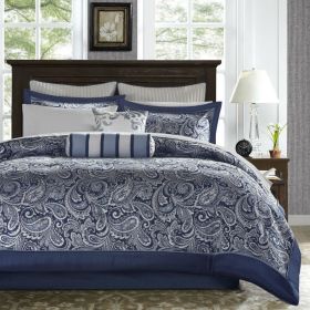 California King 12-piece Reversible Comforter Set (Color: Navy Blue & White)