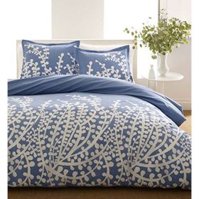 Full / Queen 100-percent Cotton Comforter Set with White Floral Branch Pattern (Color: Blue)