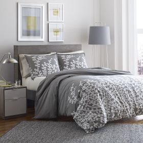 Full / Queen 100-percent Cotton Comforter Set with White Floral Branch Pattern (Color: Grey)