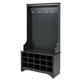 Entryway Hall Tree Shoe Cubbie Coat Rack (Color: Black)