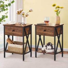 Set of 2 - 1 Drawer Nightstand (Color: Brown/Black)