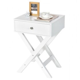 1-Drawer Wood End Table Nightstand with X Legs (Color: White)