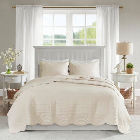 3 Piece Reversible Scalloped Edges Microfiber Quilt Set (Color: Cream, size: KING)