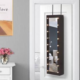 Door/Wall Mounted Jewelry Armoire Cabinet with Mirror and LED Lights (Color: Dark Brown)