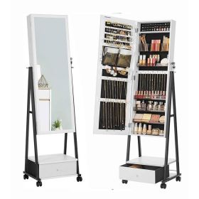 Modern Metal Wood Jewelry Armoire Cabinet Organizer Mirror on Wheels (Color: White/Black)
