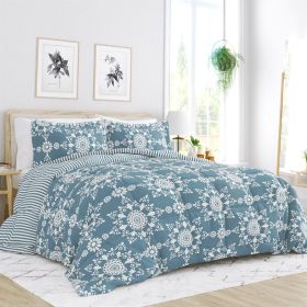 3-Piece Reversible Floral Striped Comforter Set (Color: Blue/White, size: Full/Queen)