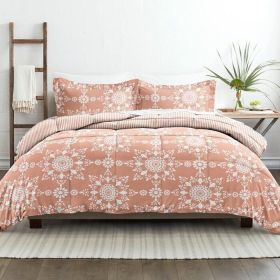 3-Piece Reversible Floral Striped Comforter Set (Color: Clay/White, size: Full/Queen)