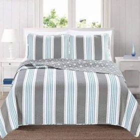Coastal Starfish Sand Dollar Grey Blue White Nautical Quilt Set (size: Full/Queen)