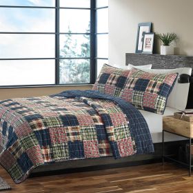 Farmhouse Red Navy Plaid 100-Percent Cotton Reversible Quilt Set (size: Full / Queen)
