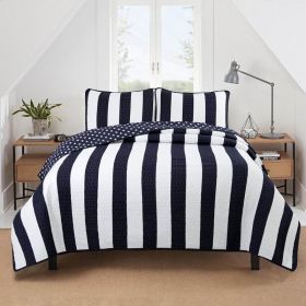 Navy White Stars Stripes 100-Percent Cotton Reversible Quilt Set (size: Full/Queen)