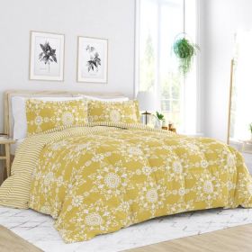 3-Piece Reversible Floral Striped Comforter Set (Color: Yellow/White, size: Full/Queen)