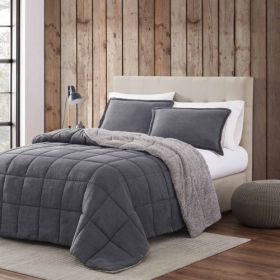 Plush Sherpa Reversible Micro Suede Comforter Set (Color: Gray, size: KING)