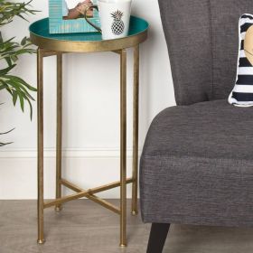 Gold Finish Metal Round End Table Nightstand with  Removable Top (Color: Teal)