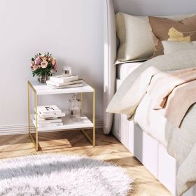 Industrial Modern Metal Wood Top Nightstand End Table with Shelf (Color: Gold/White)