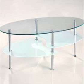 Modern Oval Tempered Glass Coffee Table with Bottom Shelf (Color: Clear/Chrome)