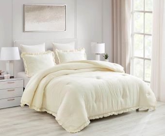 Microfiber 3-Piece Comforter Set with Ruffled Edge Trim (Color: Ivory, size: Full)