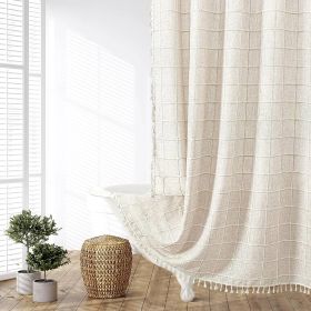 72-inch Farmhouse Cotton Linen Blend Shower Curtain with Boho Tassels (Color: beige)
