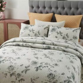 Boho Floral Botanical Flowers Beige Grey Reversible Quilt Set (size: KING)