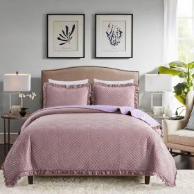 Velvet Microfiber Polyester Reversible Quilt Set (Color: Violet/Rose, size: KING)