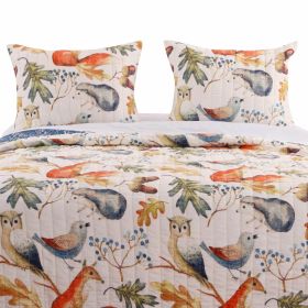 Blue Beige Birds Animals Floral Microfiber Reversible Quilt Set (size: KING)