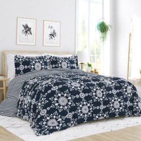 3-Piece Reversible Floral Striped Comforter Set (Color: Navy Blue/White, size: KING)