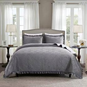 Velvet Microfiber Polyester Reversible Quilt Set (Color: Gray, size: KING)