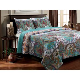 100-Percent Cotton Quilt Set in Teal Paisley Pattern (size: KING)