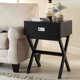 1-Drawer Wood End Table Nightstand with X Legs (Color: Black)