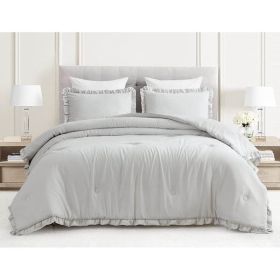 Microfiber 3-Piece Comforter Set with Ruffled Edge Trim (Color: Grey, size: Full)