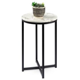 Round Cross Leg Design Coffee Side Table Nightstand with Faux Marble Top (Color: White/MatteBlack)