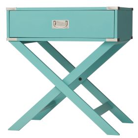 1-Drawer Wood End Table Nightstand with X Legs (Color: Marine Green Turquoise)