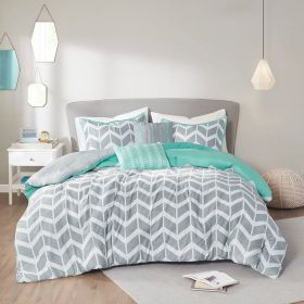 Reversible Comforter Set in Chevron Stripe (Color: Grey/White/AquaTeal, size: Twin/TwinXL)
