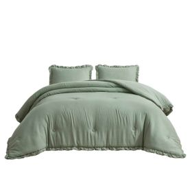 Microfiber 3-Piece Comforter Set with Ruffled Edge Trim (Color: ISage, size: Oversized Queen)