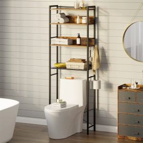 Over the Toilet Storage Freestanding Modern Metal Wood Shelving Unit (Color: Black/Brown)