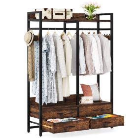 Freestanding Garment Rack Clothes Hanging Rod with 4 Storage Drawers (Color: Brow/Black)