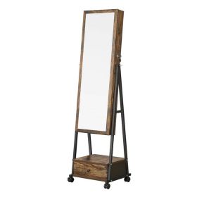 Modern Metal Wood Jewelry Armoire Cabinet Organizer Mirror on Wheels (Color: Dark Rustic Brown/Black)