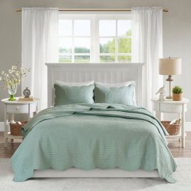 3 Piece Reversible Scalloped Edges Microfiber Quilt Set (Color: Seafoam, size: KING)