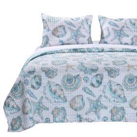 Coastal Seashells 3 Piece Polyester Reversible Quilt Set (Color: Teal/White, size: Twin)