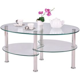 Modern Oval Tempered Glass Coffee Table with Bottom Shelf (Color: Clear)