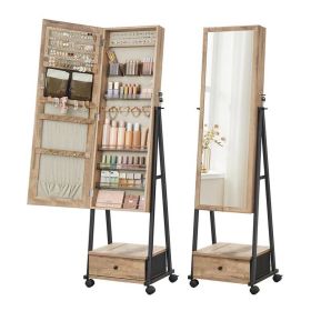 Modern Metal Wood Jewelry Armoire Cabinet Organizer Mirror on Wheels (Color: Rustic Brown/Black)