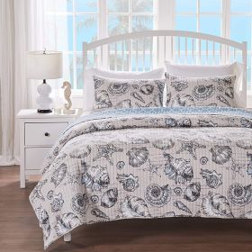 Coastal Seashells 3 Piece Polyester Reversible Quilt Set (Color: Blue/Taupe, size: Twin/TwinXL)